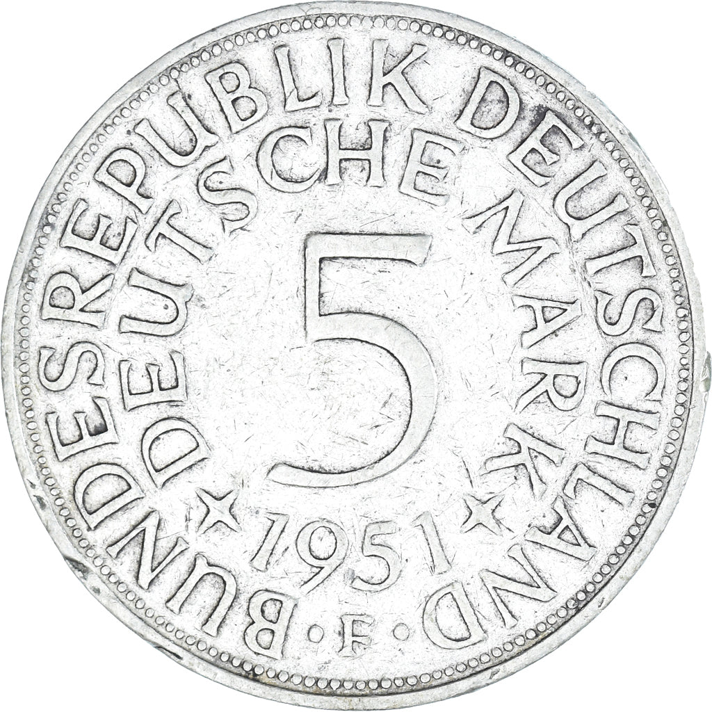 Coin, GERMANY - FEDERAL REPUBLIC, 5 Mark, 1951, Stuttgart, VF(30-35), Silver