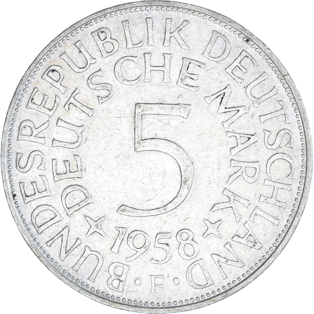 Coin, GERMANY - FEDERAL REPUBLIC, 5 Mark, 1958, Stuttgart, EF(40-45), Silver