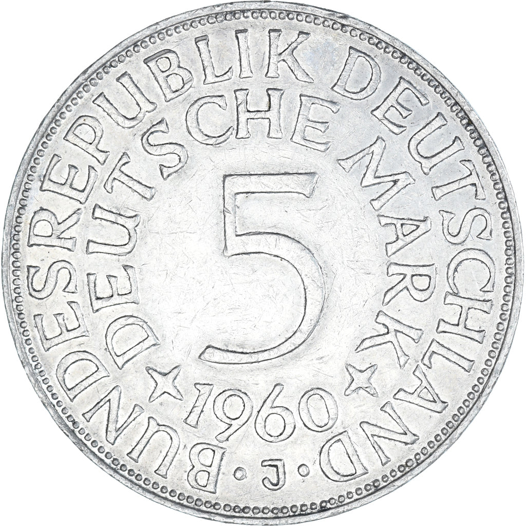 Coin, GERMANY - FEDERAL REPUBLIC, 5 Mark, 1960, Hamburg, EF(40-45), Silver