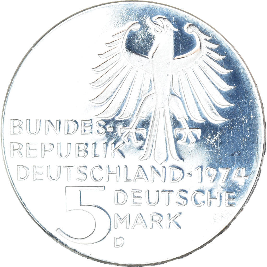 Moneta, Niemcy - RFN, 5 Mark, 1974, Munich, Germany, BE, MS(63), Srebro, KM:139