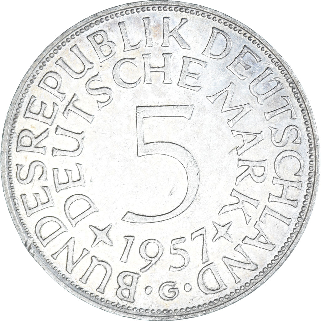 Coin, GERMANY - FEDERAL REPUBLIC, 5 Mark, 1957, Karlsruhe, EF(40-45), Silver