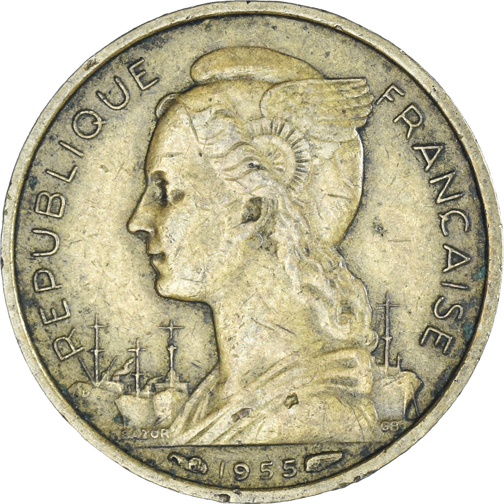 Münze, Réunion, 10 Francs, 1955, S+, Aluminum-Bronze, KM:10, Lecompte:78