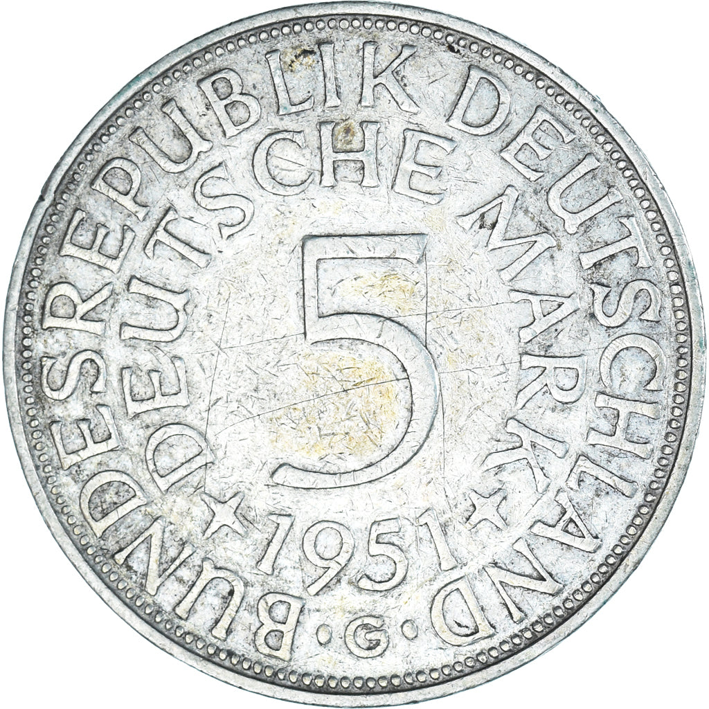 Moneta, GERMANIA - REPUBBLICA FEDERALE, 5 Mark, 1951, Karlsruhe, BB, Argento