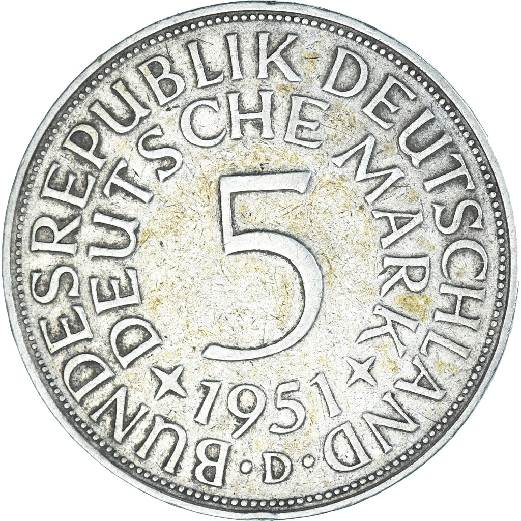 Coin, GERMANY - FEDERAL REPUBLIC, 5 Mark, 1951, Munich, EF(40-45), Silver