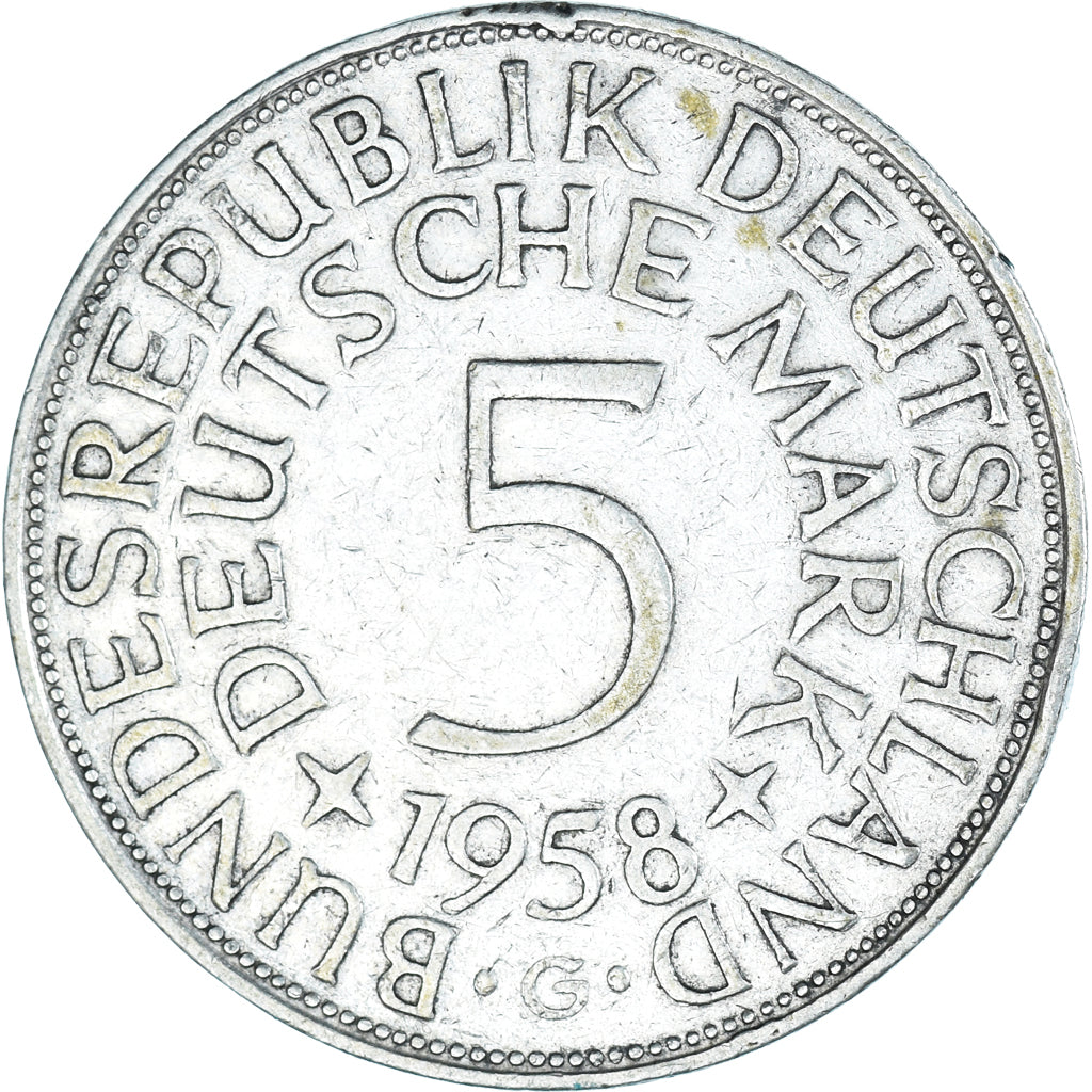 Coin, GERMANY - FEDERAL REPUBLIC, 5 Mark, 1958, Karlsruhe, EF(40-45), Silver