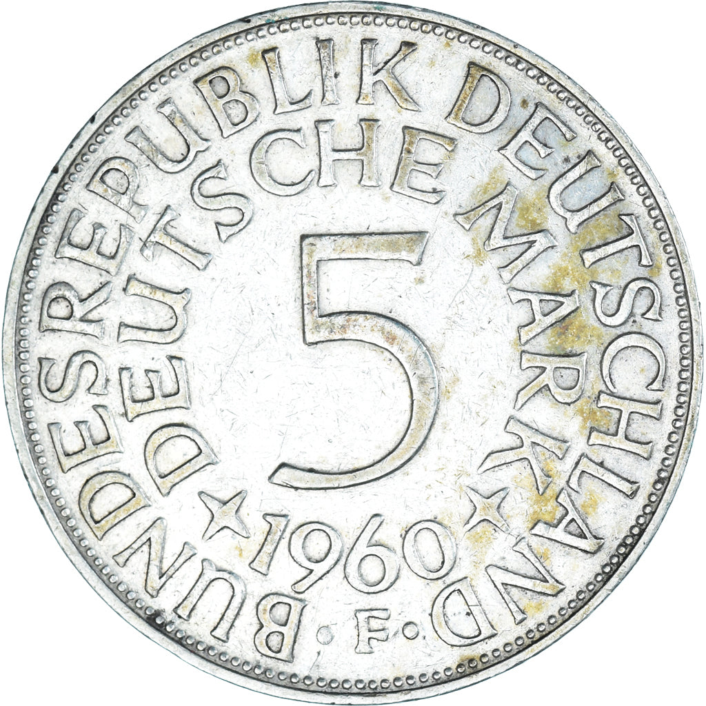Coin, GERMANY - FEDERAL REPUBLIC, 5 Mark, 1960, Stuttgart, EF(40-45), Silver