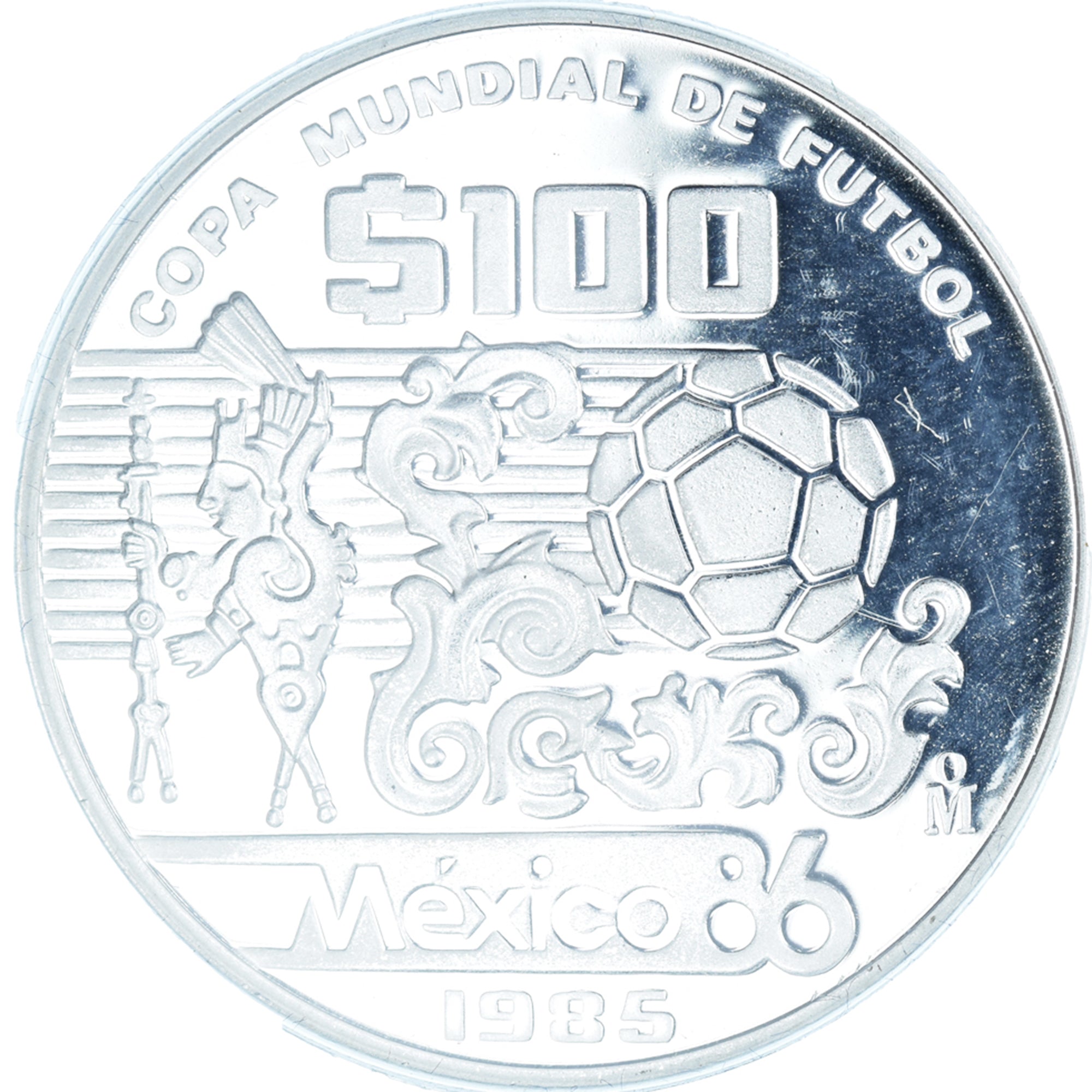 Coin, Mexico, 100 Pesos, 1985, Mexico City, 1986 World Cup Soccer Games. BE