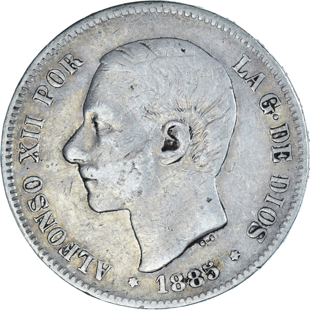 Moneda, España, Alfonso XII, 5 Pesetas, 1885, Madrid, BC+, Plata, KM:688
