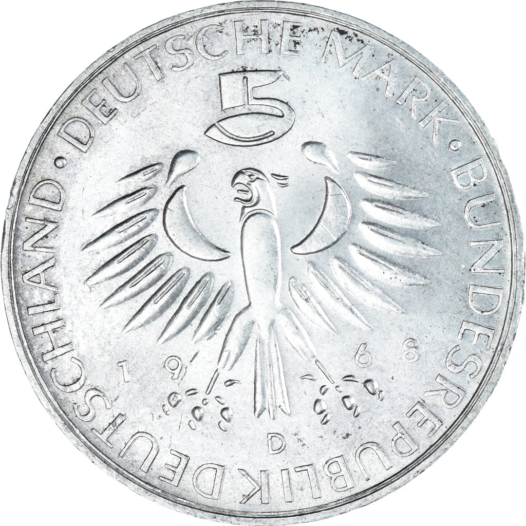 Moneda, ALEMANIA - REPÚBLICA FEDERAL, 5 Mark, 1968, Munich, Germany, MBC+