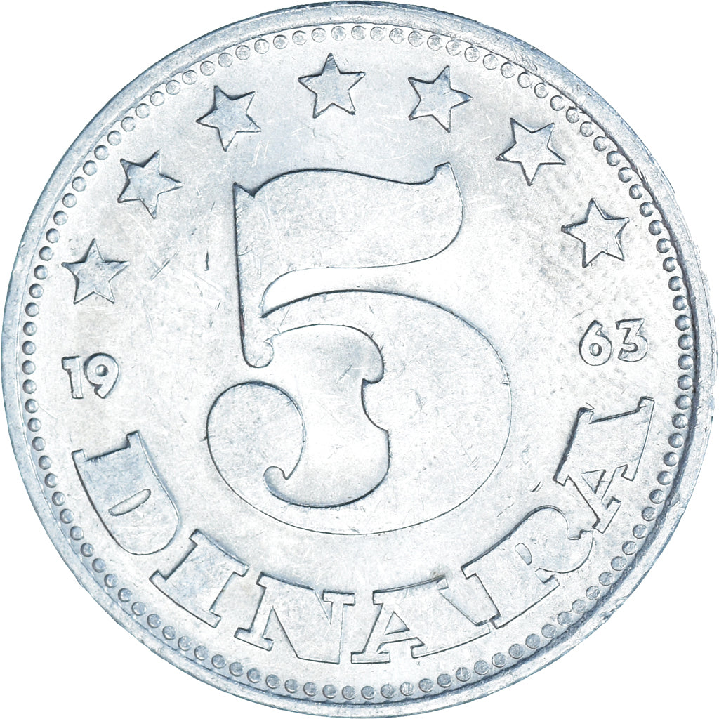 Coin, Yugoslavia, 5 Dinara, 1963, AU(50-53), Aluminum, KM:38