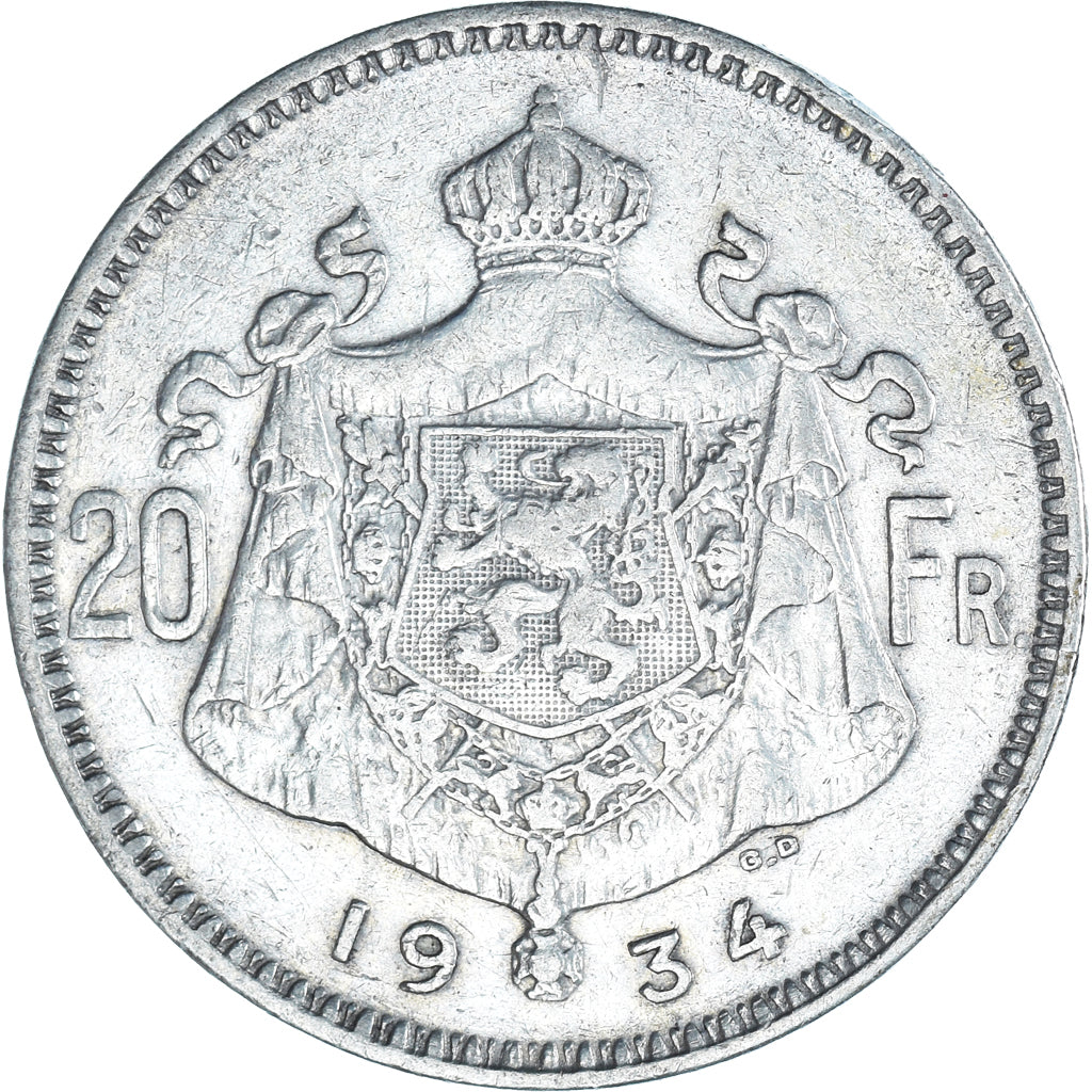 Munten, België, 20 Francs, 20 Frank, 1934, ZF, Zilver, KM:104.1