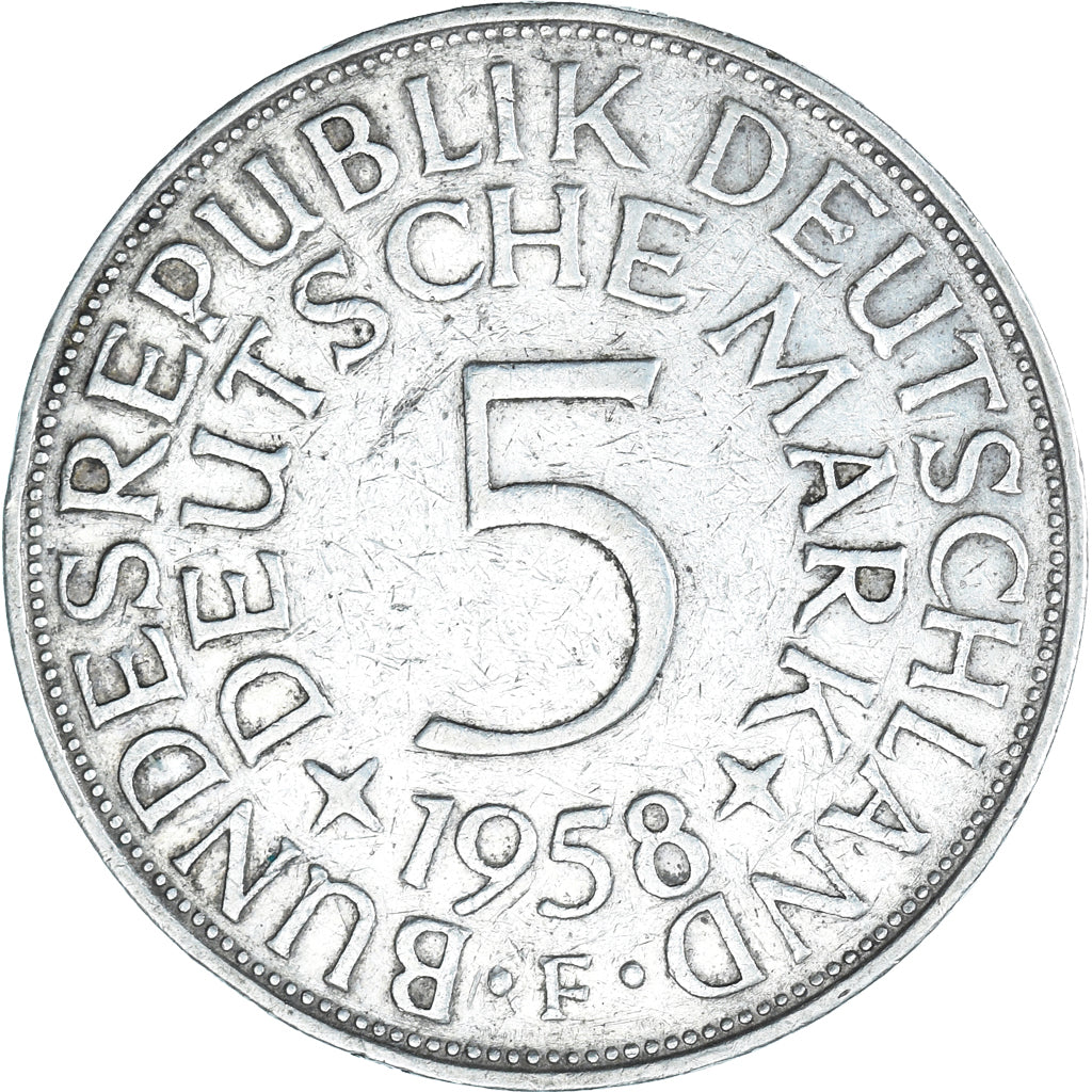 Coin, GERMANY - FEDERAL REPUBLIC, 5 Mark, 1958, Stuttgart, EF(40-45), Silver