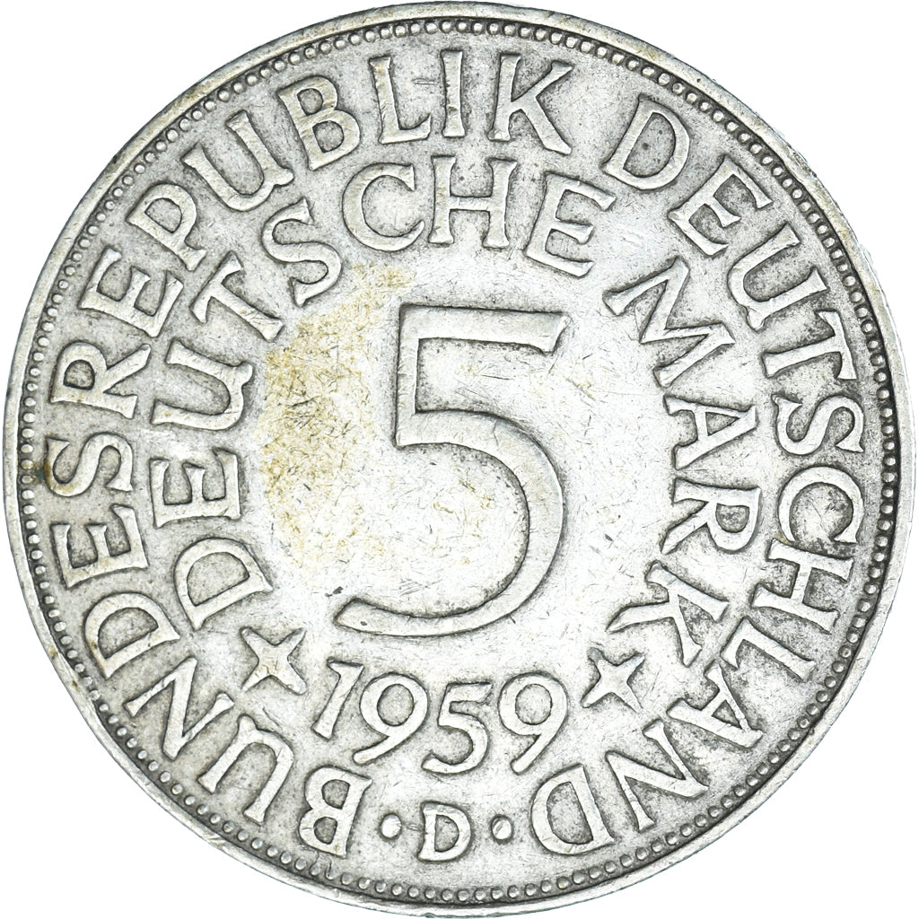Coin, GERMANY - FEDERAL REPUBLIC, 5 Mark, 1959, Munich, EF(40-45), Silver