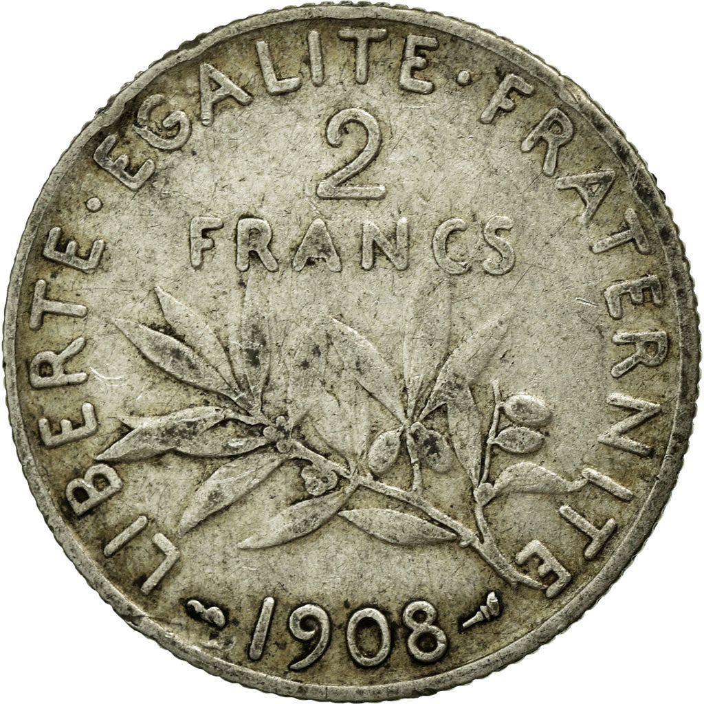 Coin, France, Semeuse, 2 Francs, 1908, EF(40-45), Silver, Gadoury:532
