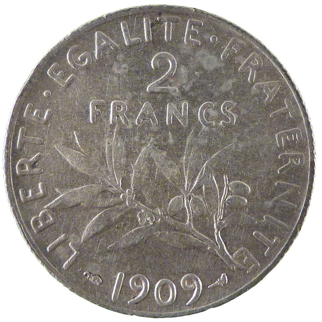 FRANCE, Semeuse, 2 Francs, 1909, Paris, EF(40-45), Silver, 27, Gadoury #532,...