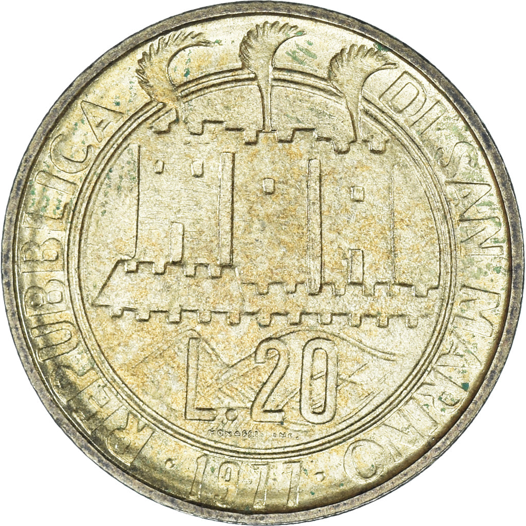 Moeda, San Marino, 20 Lire, 1977, Rome, EF(40-45), Alumínio-Bronze, KM:67