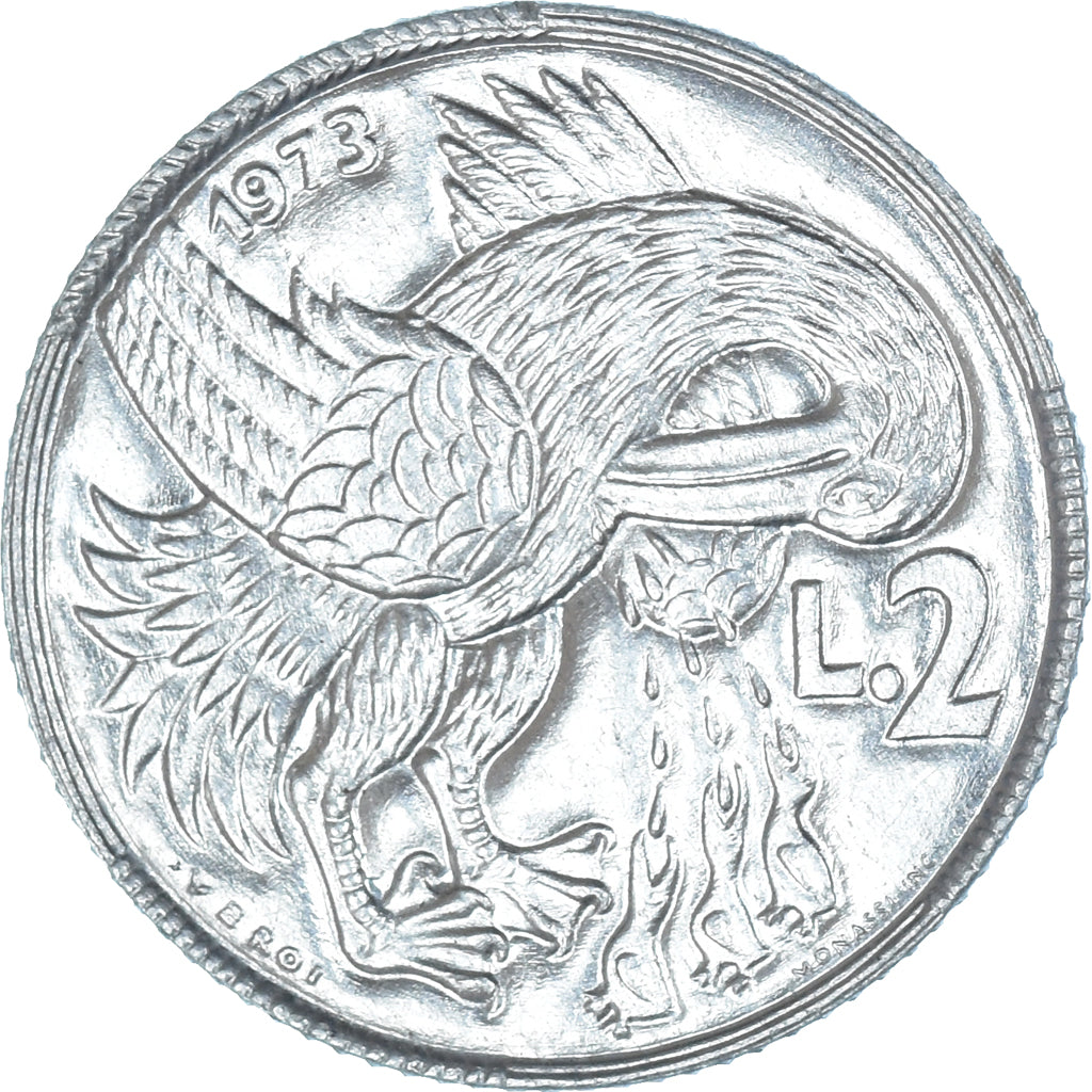 Moeda, San Marino, 2 Lire, 1973, Rome, AU(55-58), Alumínio, KM:23