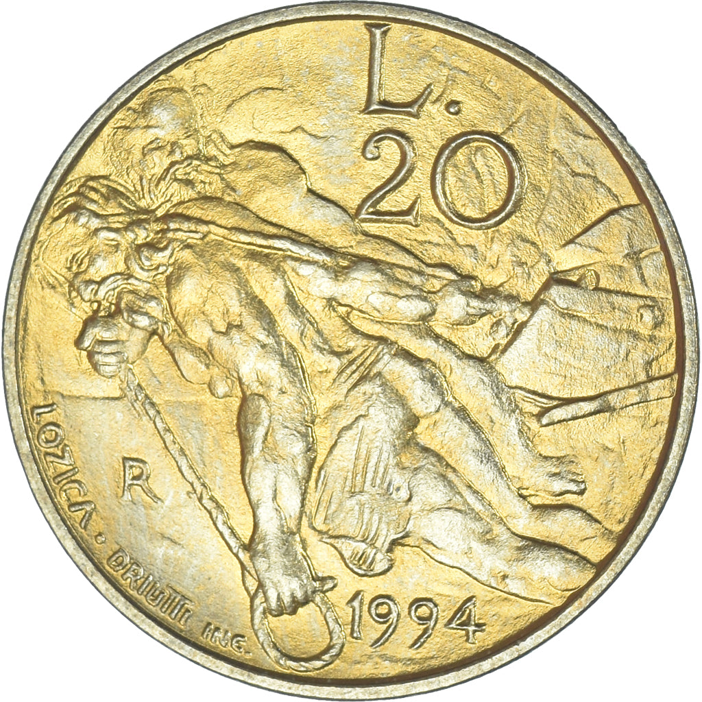 Coin, San Marino, 20 Lire, 1994, Rome, MS(63), Aluminum-Bronze, KM:310