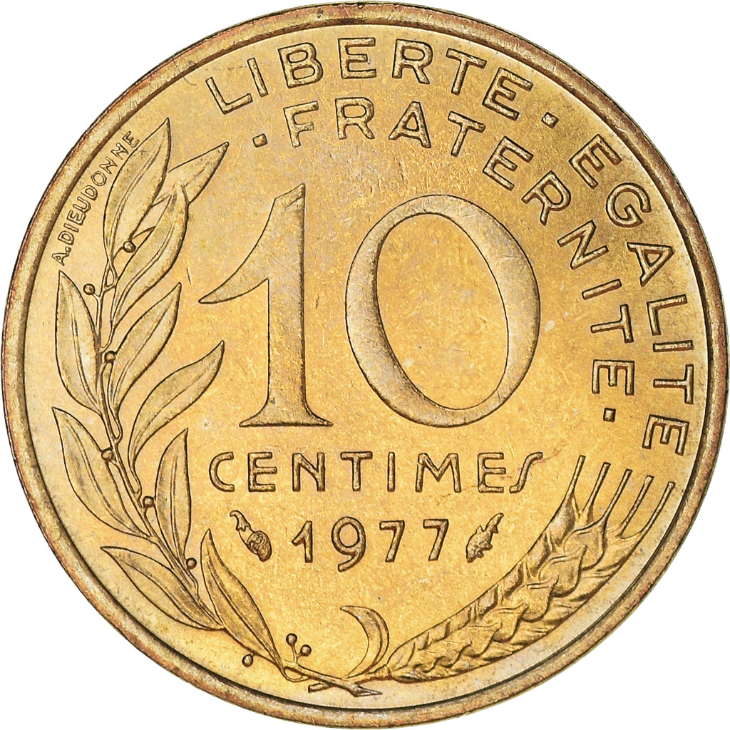 Moneta, Francja, Marianne, 10 Centimes, 1977, Paris, MS(63), Aluminium-Brąz