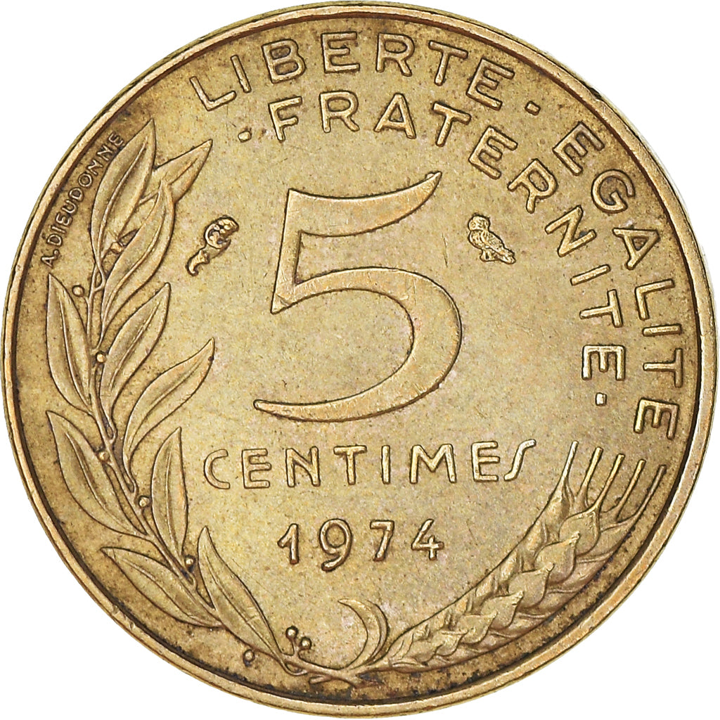 Moneda, Francia, Marianne, 5 Centimes, 1974, Paris, BC+, Aluminio - bronce