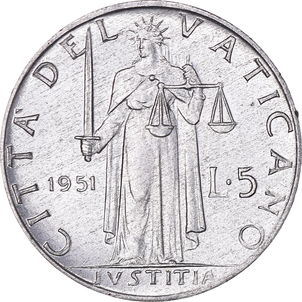 Moneta, CITTÀ DEL VATICANO, Pius XII, 5 Lire, 1951, Roma, SPL, Alluminio
