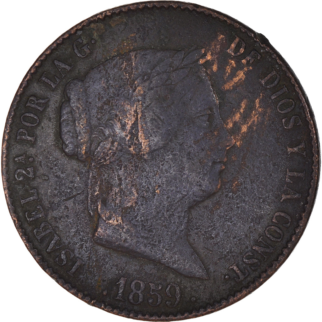 Coin, Spain, Isabel II, 25 Centimos, 1859, Segovia, VF(30-35), Copper, KM:615.2