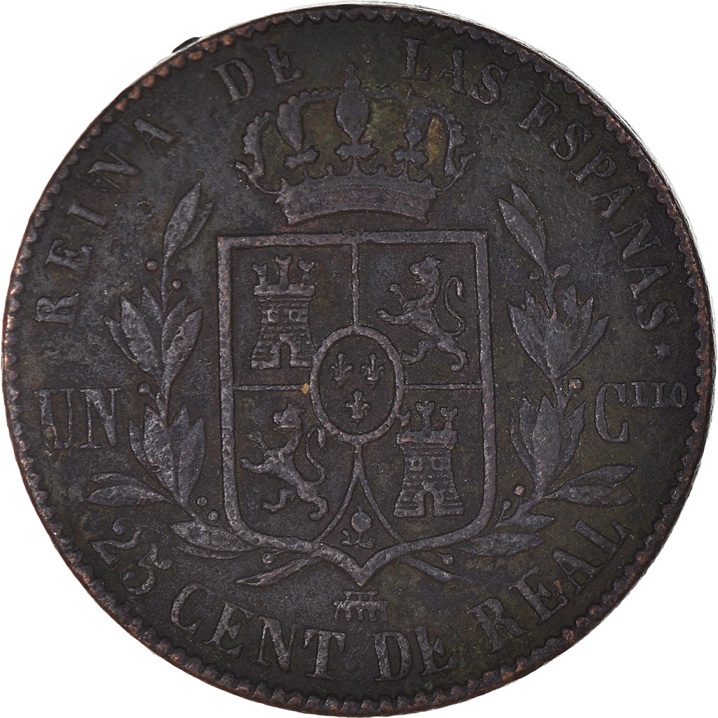 Coin, Spain, Isabel II, 25 Centimos, 1859, Segovia, VF(30-35), Copper, KM:615.2