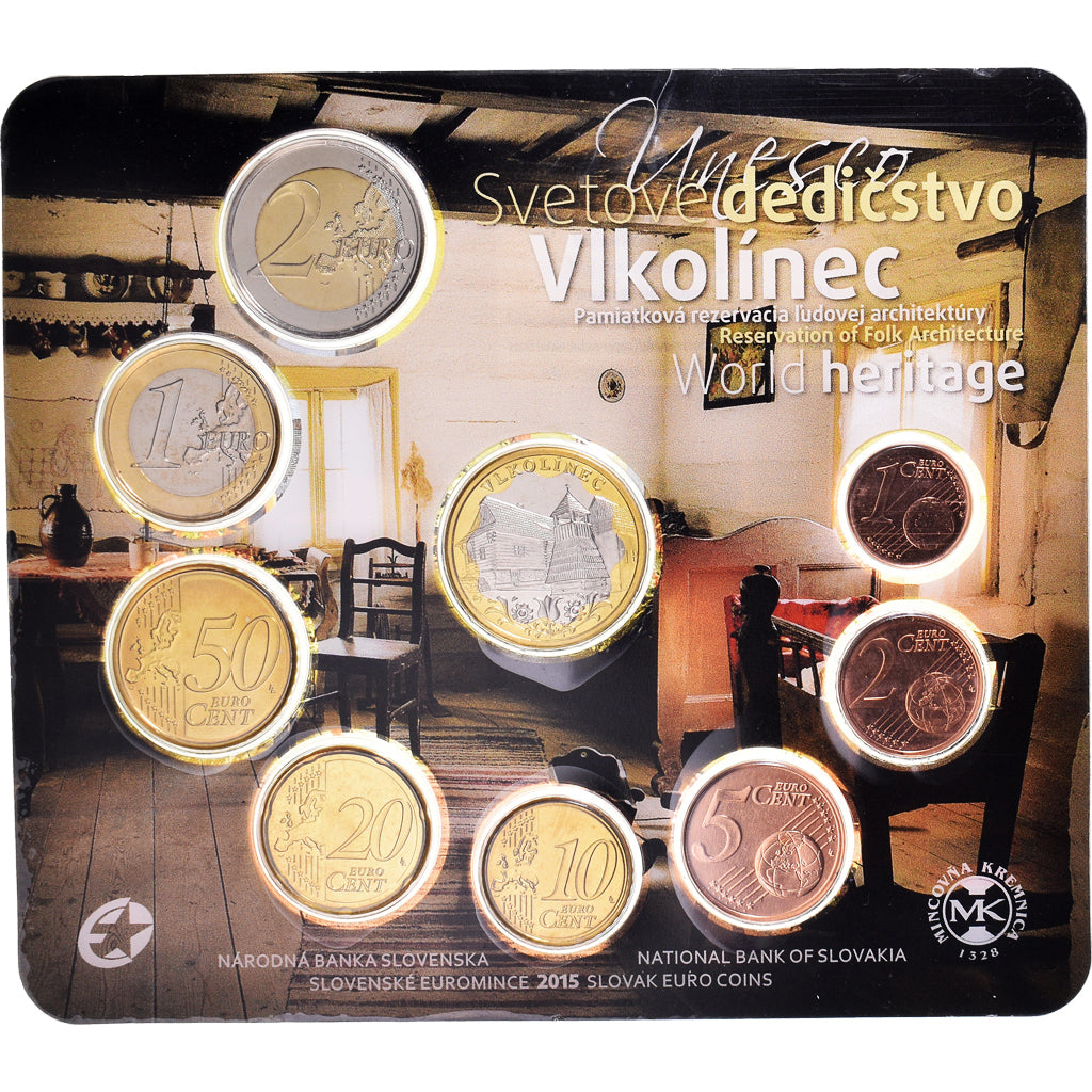 Slovakia, Euro-Set, 2015, Unesco architecture Vlkolinec.Set 8 Monnaies et 1