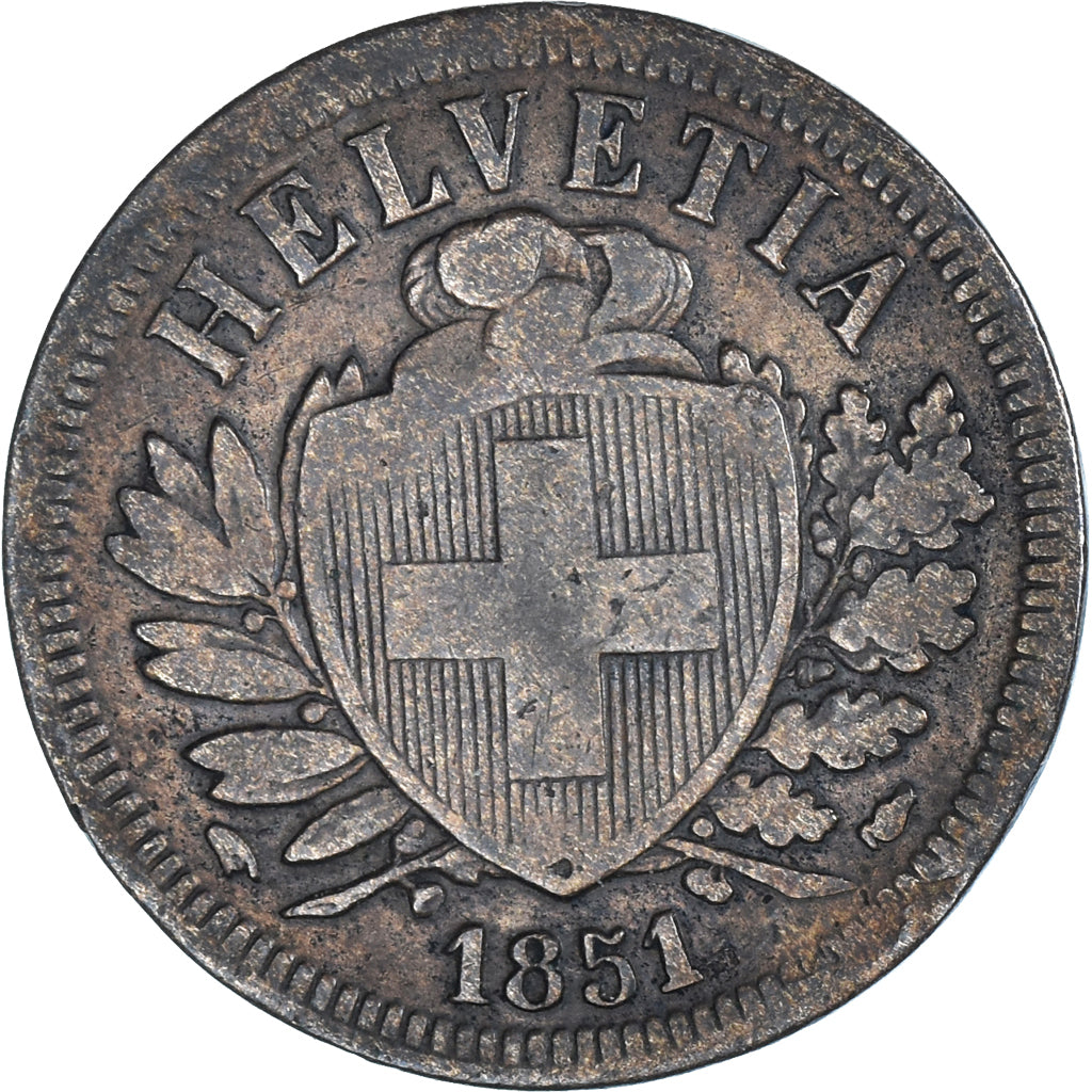 Coin, Switzerland, 2 Rappen, 1851, Paris, VF(30-35), Bronze, KM:4.1