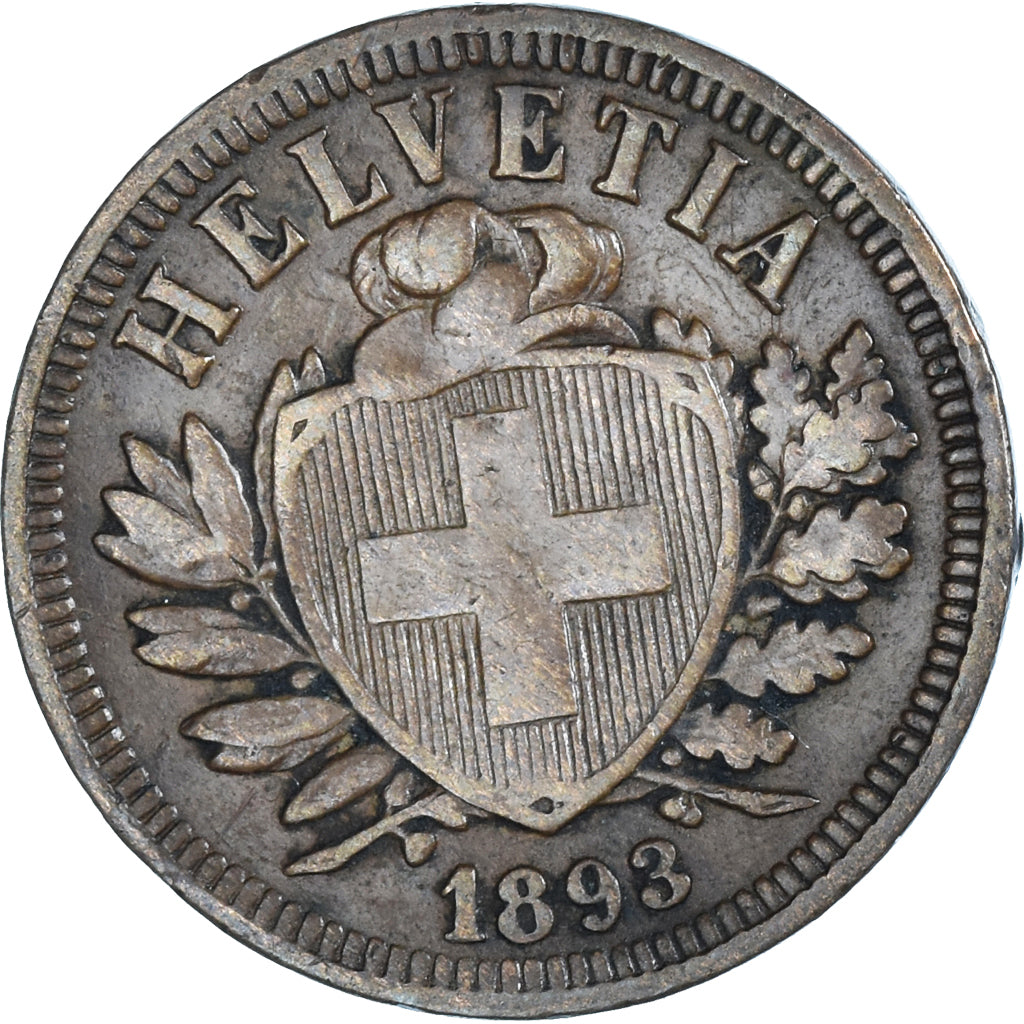 Coin, Switzerland, 2 Rappen, 1893, Bern, VF(30-35), Bronze, KM:4.2