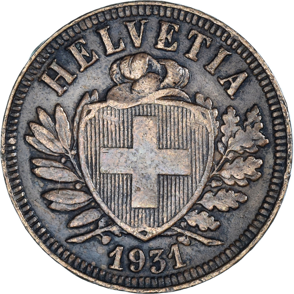 Coin, Switzerland, 2 Rappen, 1931, Bern, EF(40-45), Bronze, KM:4.2