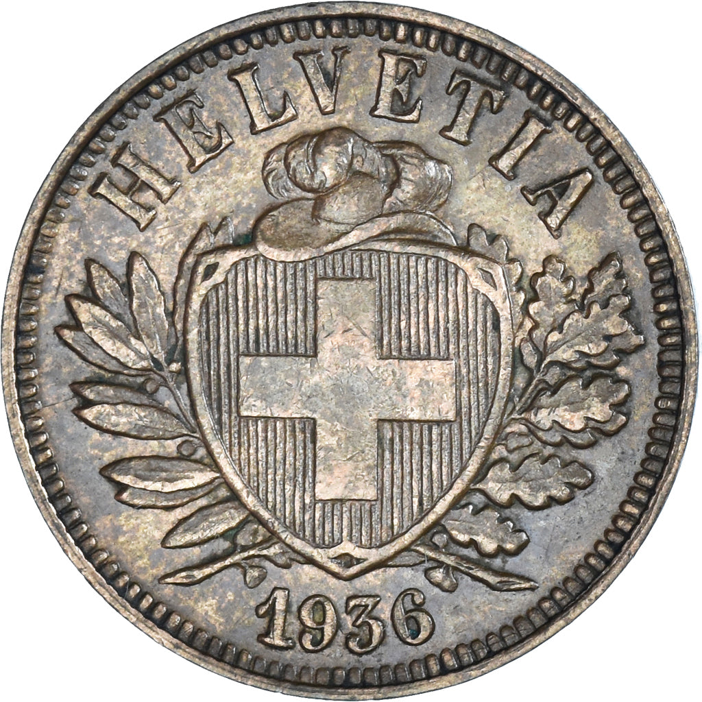 Coin, Switzerland, 2 Rappen, 1936, Bern, AU(55-58), Bronze, KM:4.2a
