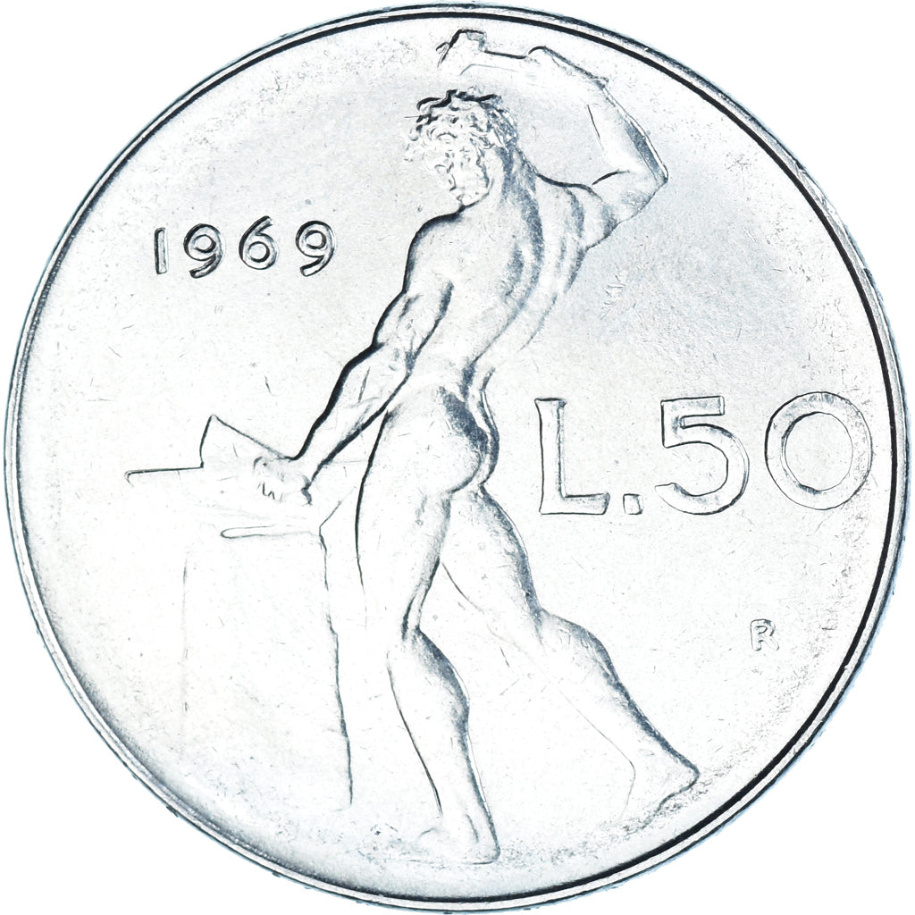 Moneta, Włochy, 50 Lire, 1969, Rome, MS(63), Stal nierdzewna, KM:95.1