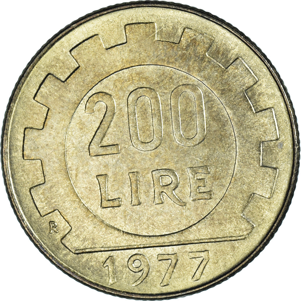 Coin, Italy, 200 Lire, 1977, Rome, AU(55-58), Aluminum-Bronze, KM:105