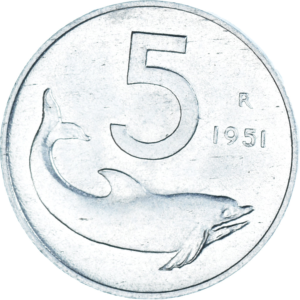 Coin, Italy, 5 Lire, 1951, Rome, AU(55-58), Aluminum, KM:92