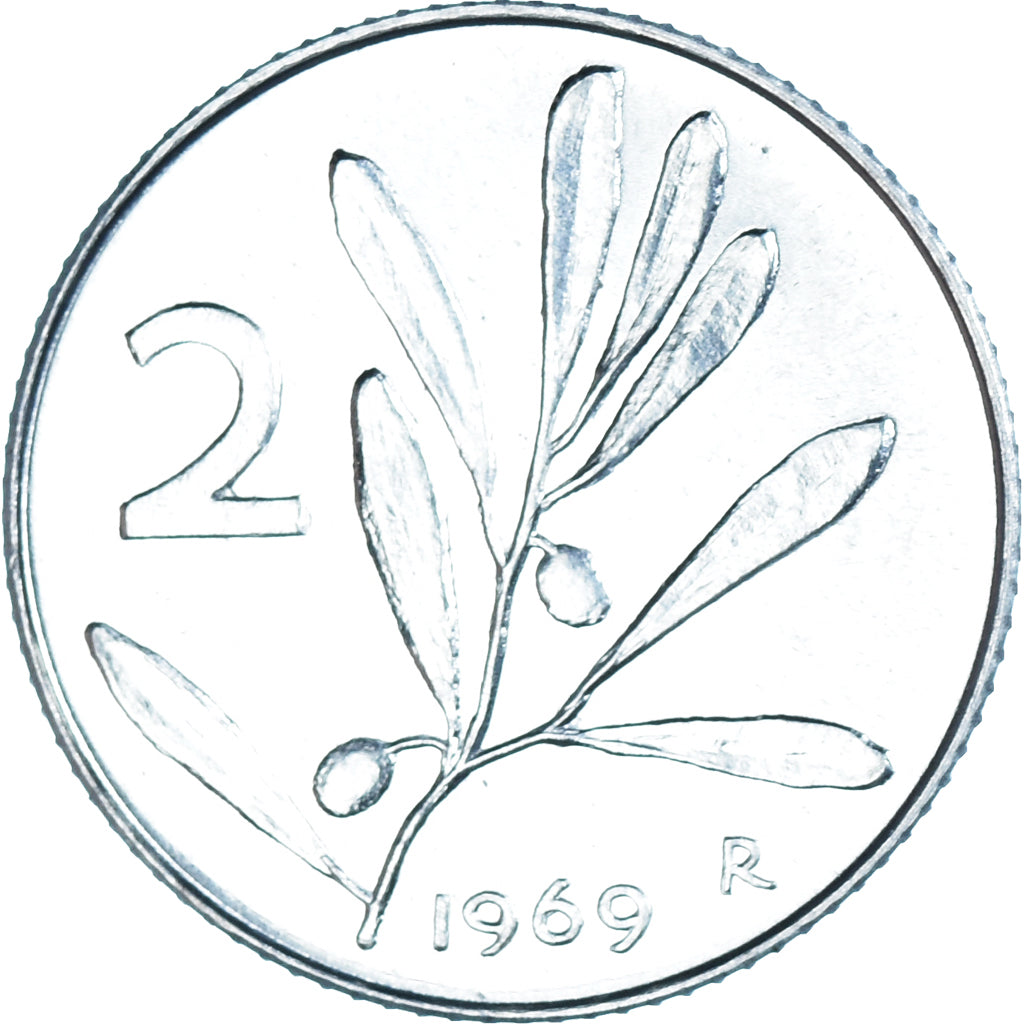 Coin, Italy, 2 Lire, 1969, Rome, MS(63), Aluminum, KM:94