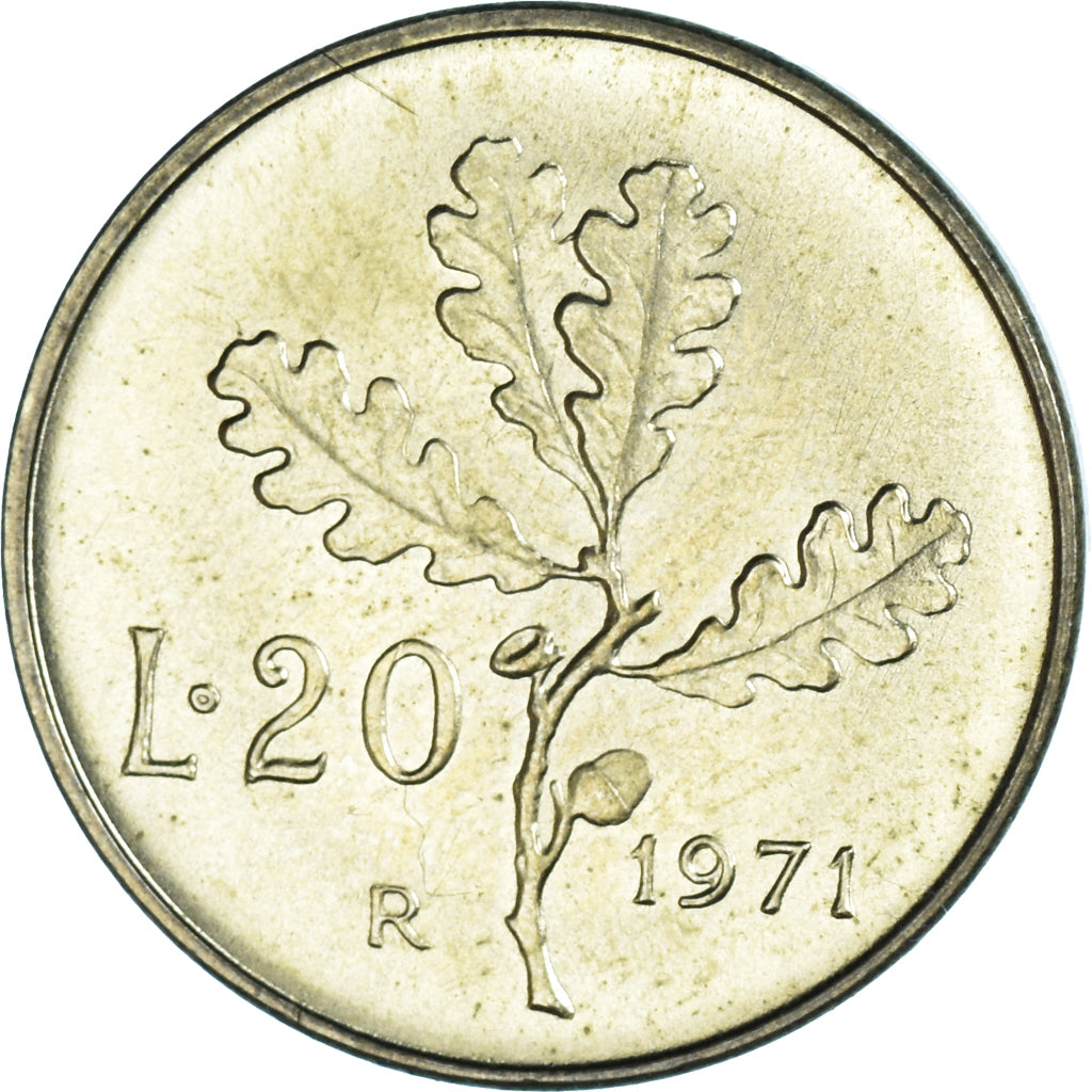Coin, Italy, 20 Lire, 1971, Rome, MS(63), Aluminum-Bronze, KM:97.2
