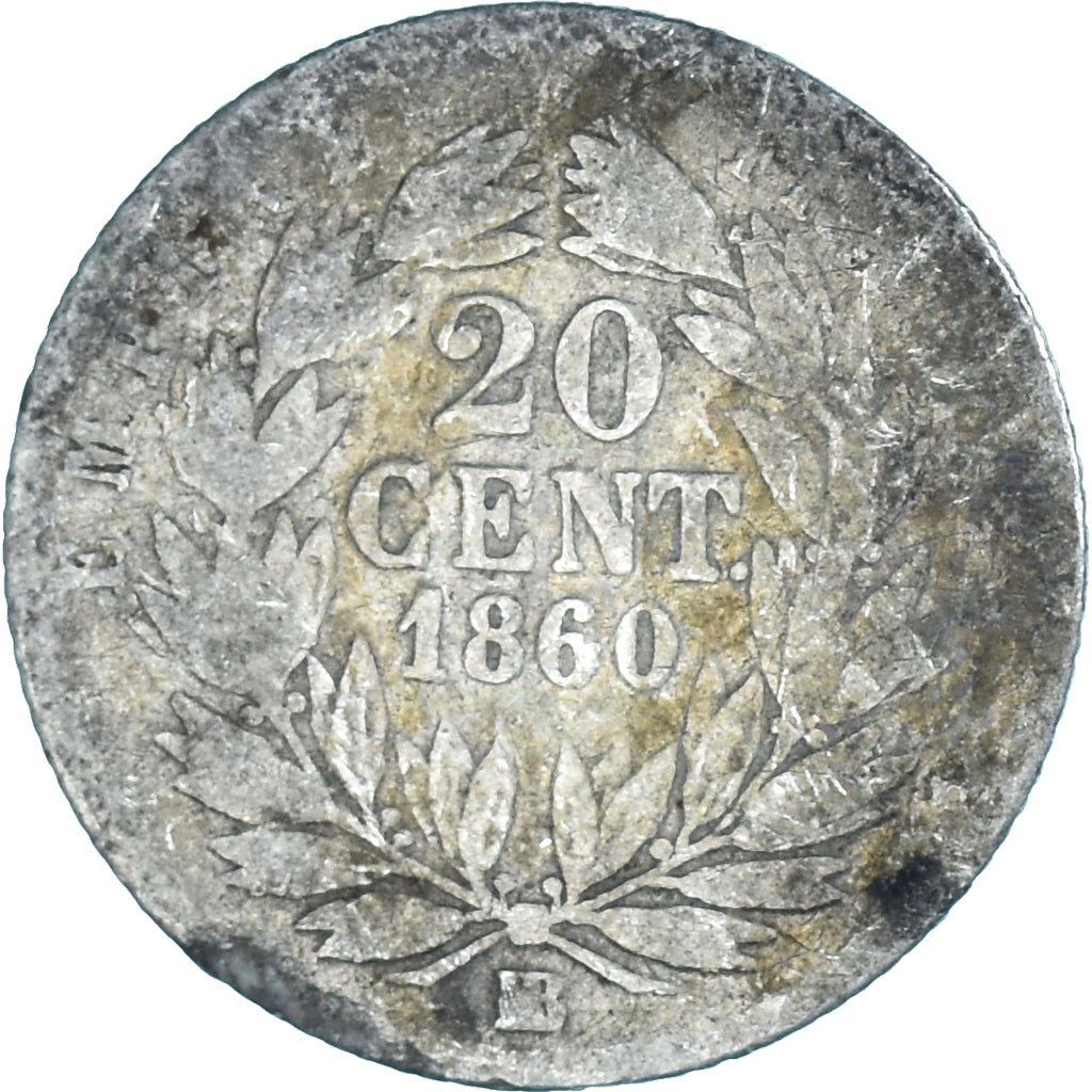 Moneda, Francia, Napoleon III, 20 Centimes, 1860, Strasbourg, BC, Plata