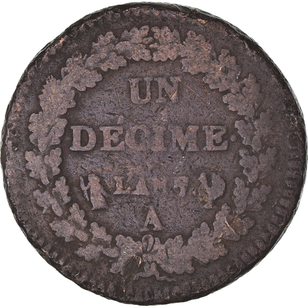 Moneda, Francia, Dupré, Decime, 1799, Paris, An 7., BC+, Bronce, KM:644.1
