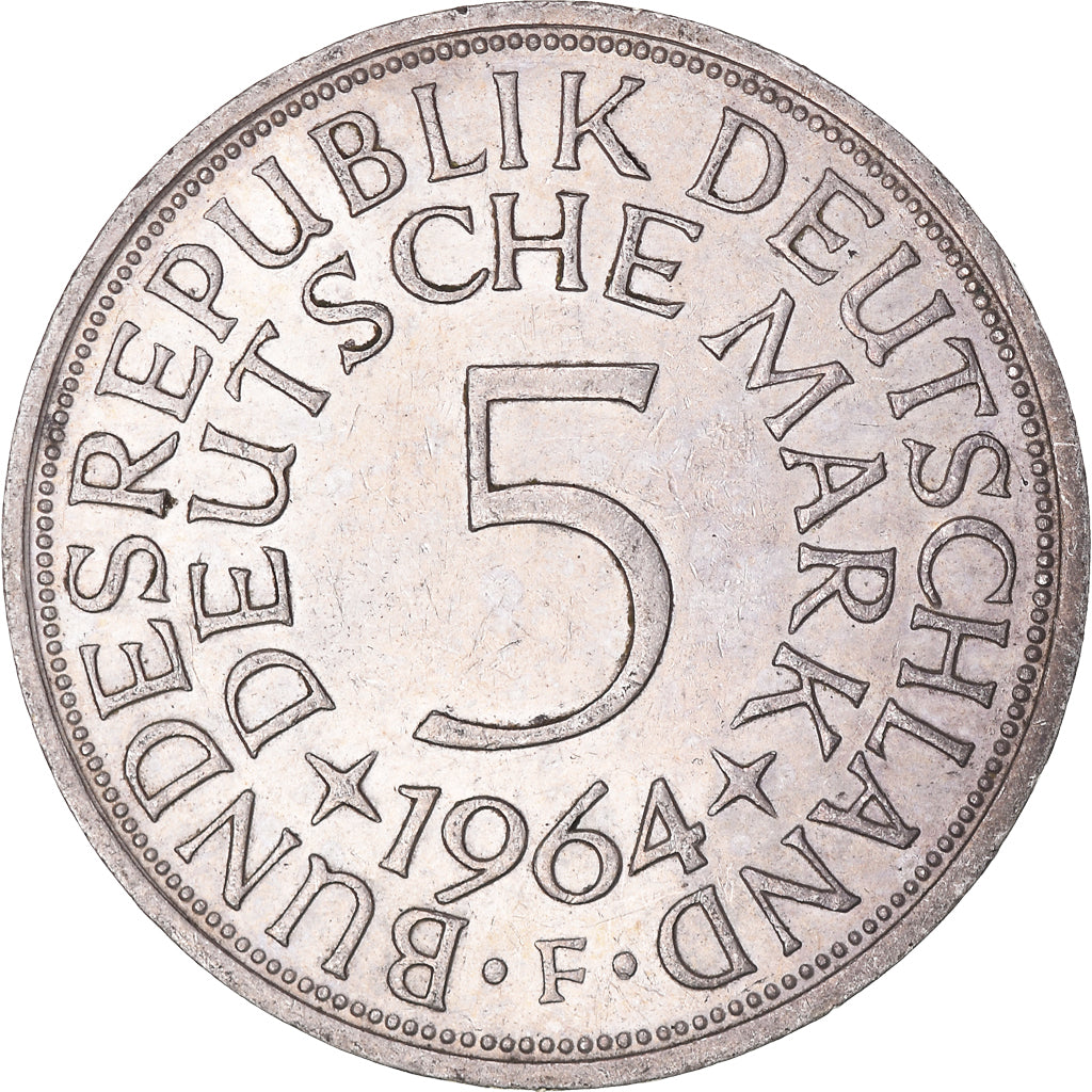 Coin, GERMANY - FEDERAL REPUBLIC, 5 Mark, 1964, Stuttgart, EF(40-45), Silver