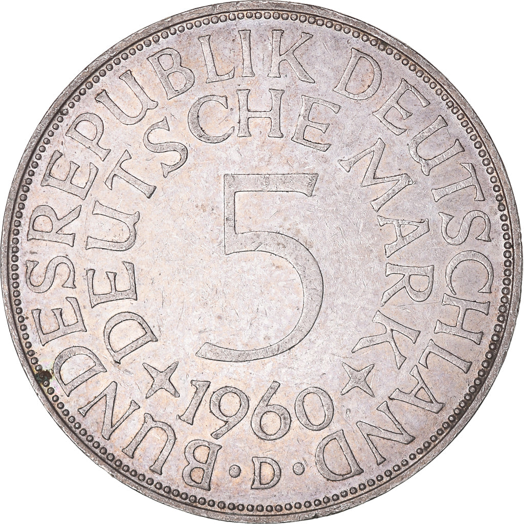 Coin, GERMANY - FEDERAL REPUBLIC, 5 Mark, 1960, Munich, EF(40-45), Silver
