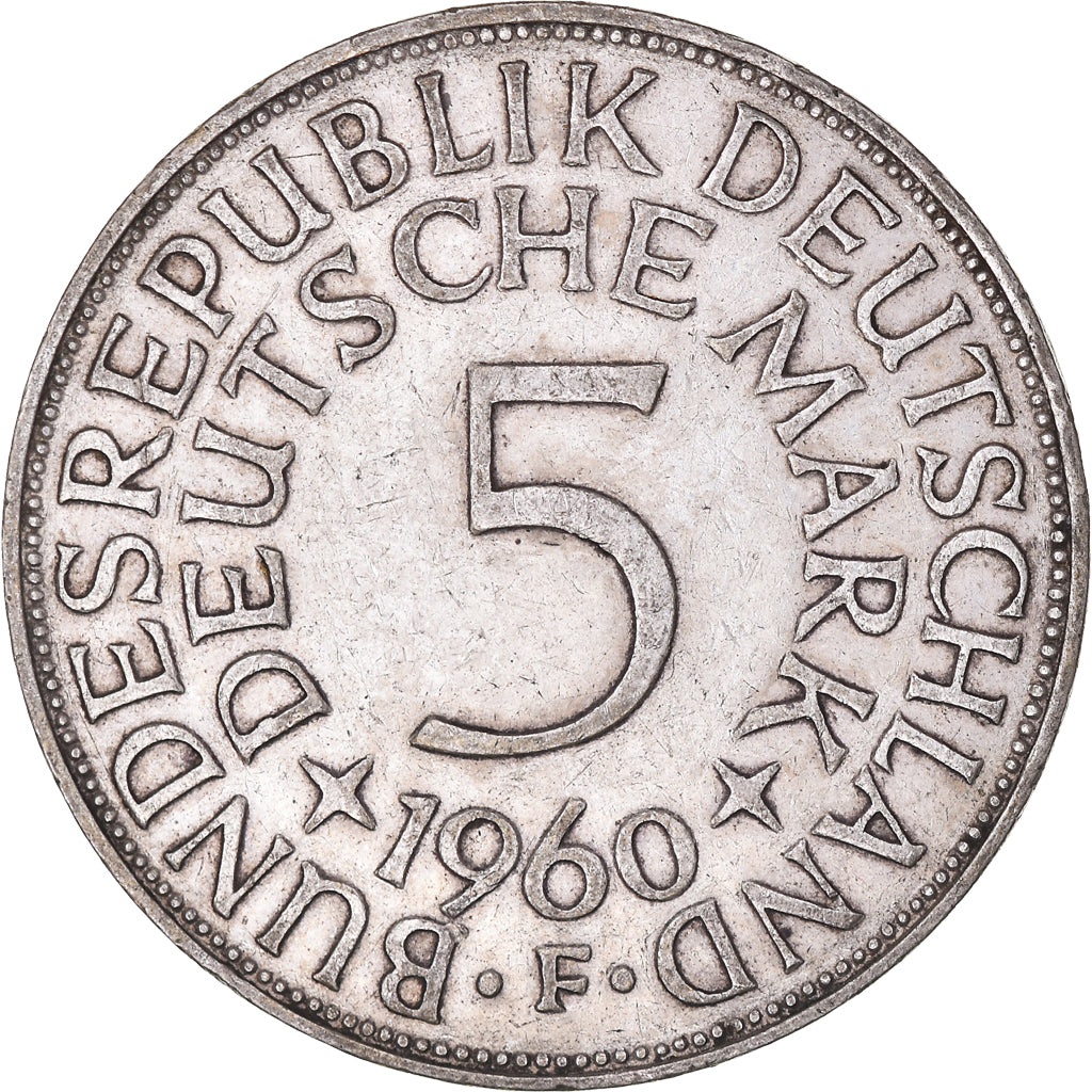Coin, GERMANY - FEDERAL REPUBLIC, 5 Mark, 1960, Stuttgart, EF(40-45), Silver