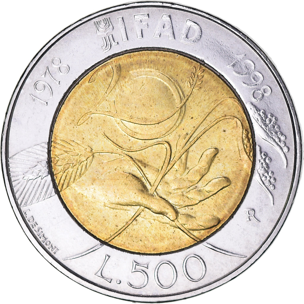 Coin, Italy, 500 Lire, 1998, Rome, IFAD, AU(50-53), Bi-Metallic, KM:193