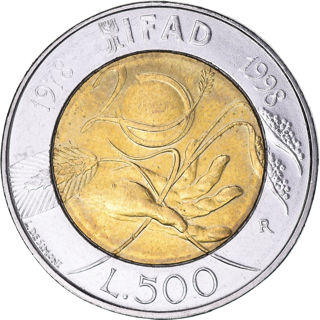 Coin, Italy, 500 Lire, 1998, Rome, IFAD, EF(40-45), Bi-Metallic, KM:193
