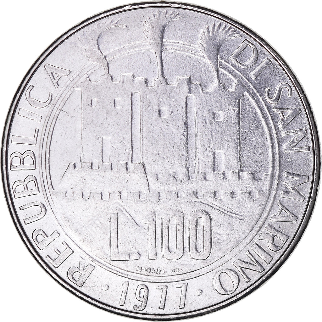 Moneta, San Marino, 100 Lire, 1977, BB, Acciaio inossidabile, KM:69
