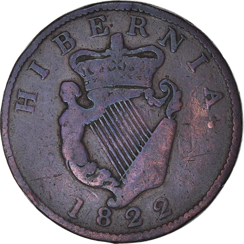 Coin, Ireland, 1/2 Penny, 1822, VF(30-35), Copper, KM:150