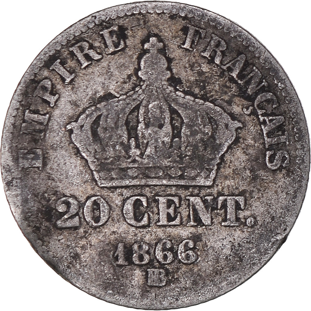 Coin, France, Napoleon III, 20 Centimes, 1866, Strasbourg, VF(20-25), Silver