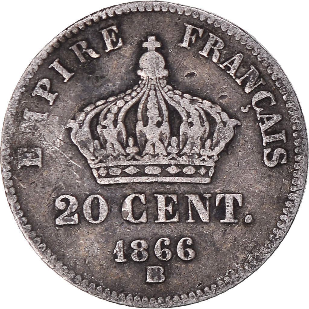 Coin, France, Napoleon III, 20 Centimes, 1866, Strasbourg, VF(20-25), Silver