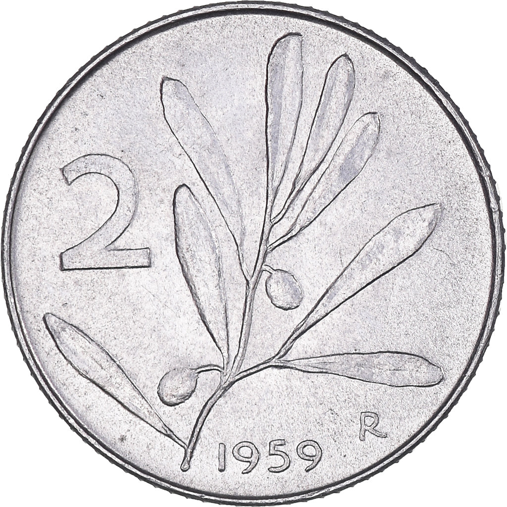 Coin, Italy, 2 Lire, 1959, Rome, VF(30-35), Aluminum, KM:94