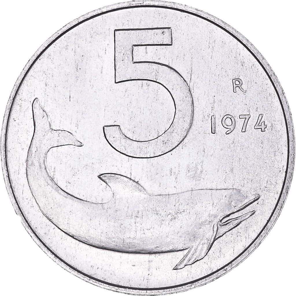 Munten, Italië, 5 Lire, 1974, Rome, ZF+, Aluminium, KM:92